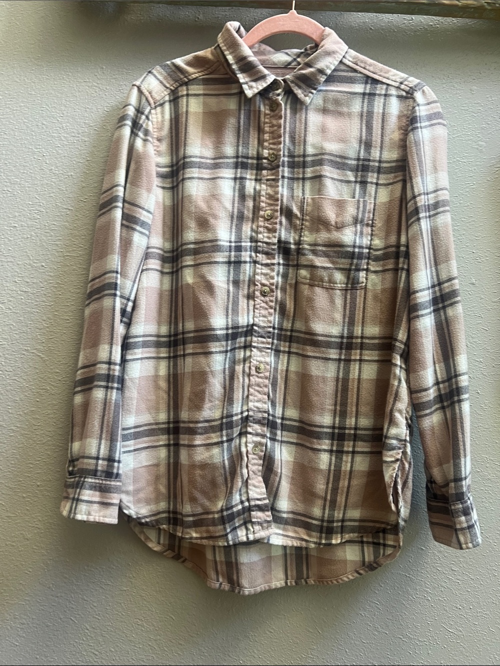 American Eagle Outfitters Plaid Button-Down Shirt - Cream, pink, and gray.